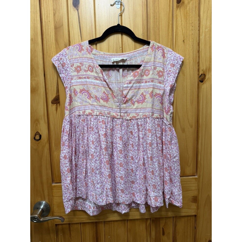 Lucky Brand Women Pink Floral Border Print Sleeveless Top Size M Boho Whimsical